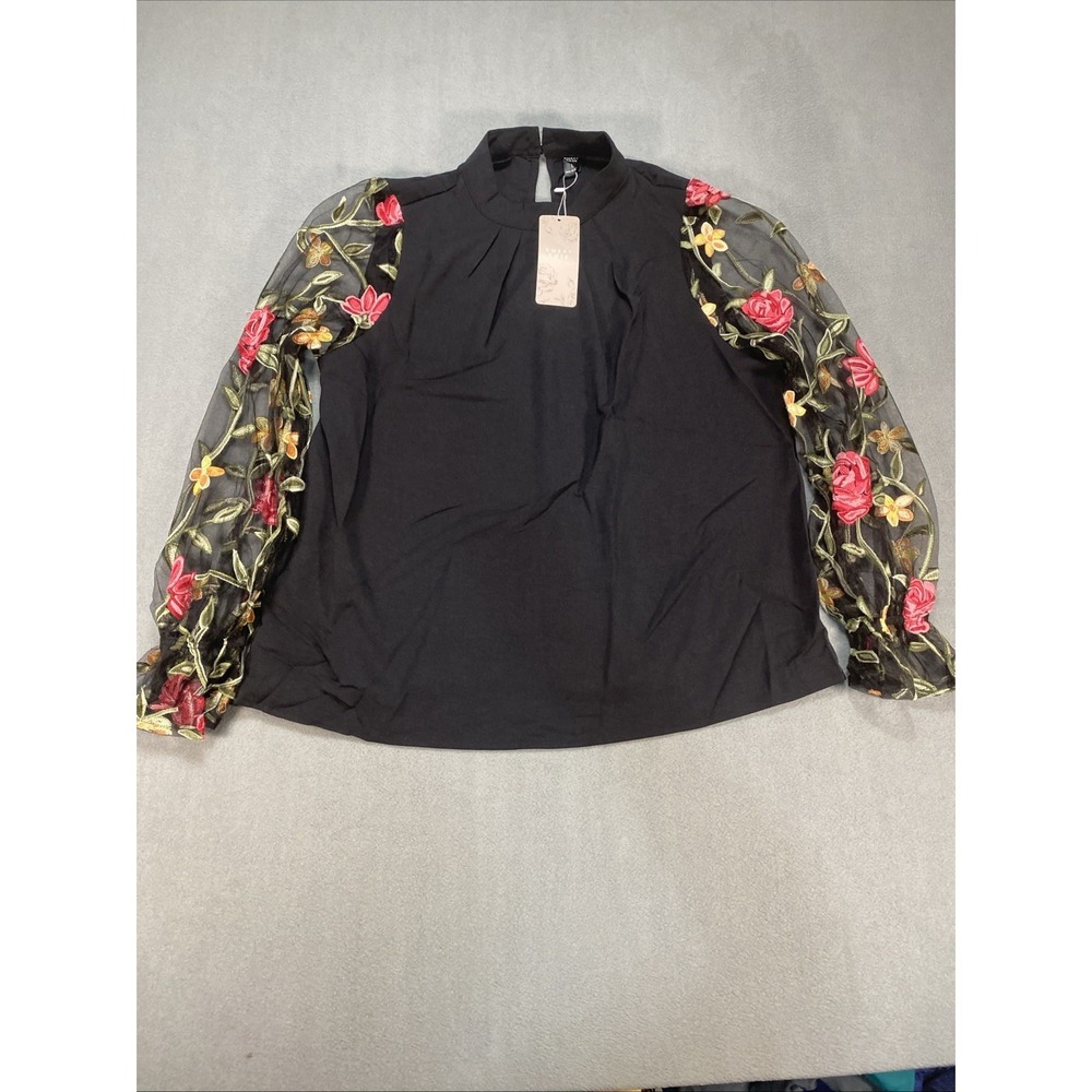 Emery Rose Womens Large Black Sheer Floral Sleeve Top Boho Whimsigoth NWT